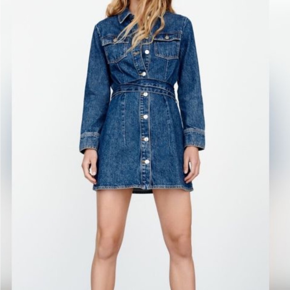 ZARA Long Sleeve Belted Mini Shirt Denim Dress with Pockets